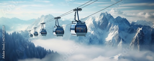 A cable car transporting skiers in a ski resort. Landscape covered with snow. Generative AI.