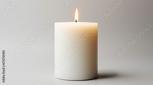 A sharp-focused, hyper-realistic stock photo of a flawless white pillar candle on a clean surface. Its smooth exterior holds a small flickering flame, casting a gentle and tranquil glow