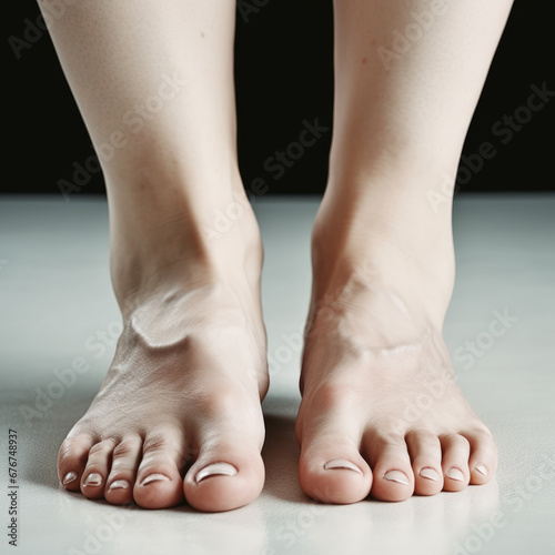 High-resolution image showcasing bare human feet with a clear complexion, standing on a dark surface.