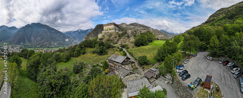 Drone view at the castle of Verres in Aosta velley, Italy