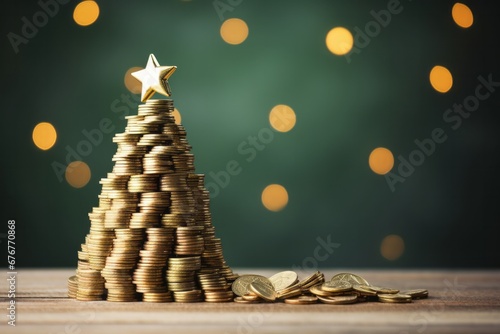 A festive christmas tree made from a pile of coins. Christmas cost and budget concept