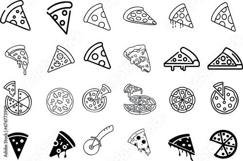 Pizza icons, hand drawn vector illustration, black and white doodle style. Icons include various pizza types, pepperoni, cheese, mushroom, Hawaiian, Margherita, Neapolitan, Sicilian, pizza cutters