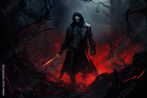 A lone vampire hunter's silhouette emerges against a backdrop of ominous red light, an eerie prelude to the night's grim pursuit.