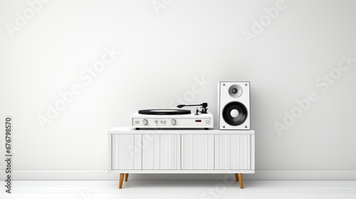 A sleek modern music setup featuring a turntable and speaker on a white cabinet, perfect for the discerning audiophile.