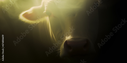 Close up of a cow's face in the dark slaughterhouse. Campaign against animal abuse