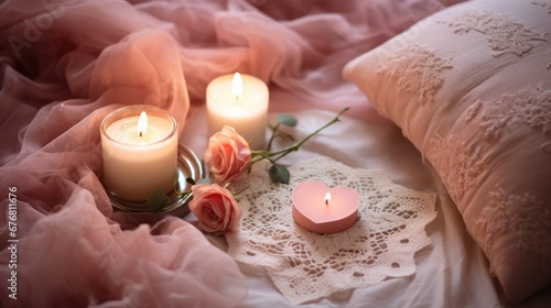  a couple of candles sitting on top of a bed next to a lace doily on a pink bed spread. generative ai