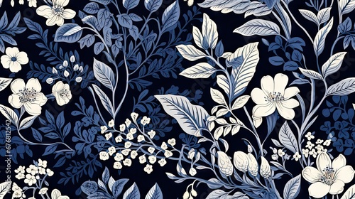  a blue and white floral pattern with leaves and flowers on a dark blue background with white flowers and leaves on a dark blue background.