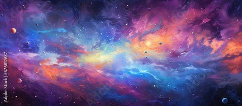 Outer space sky with light neon stars background. AI generated image