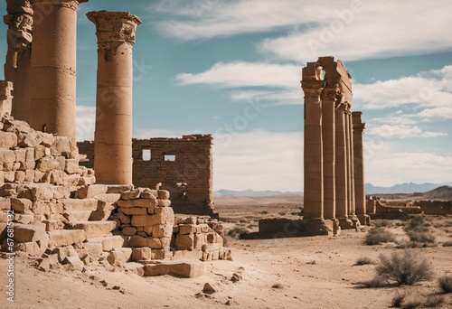 a desert scene with several columns in the foreground and mountains in the background