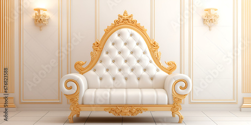 Majestic Seating, The Majesty of Royal and luxury Seating with golden border of chair for comfort on white royal background generative AI