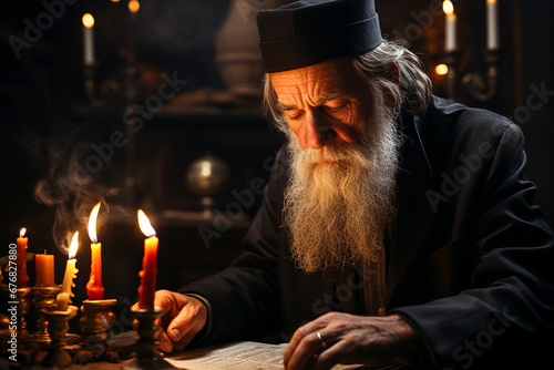 old greek orthodox priest with long beard and hat reads the Holy Bible in a Church by candlelight