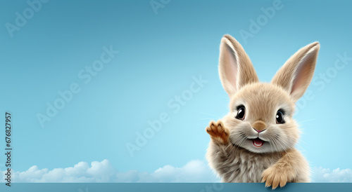 cute cartoon character hare rabbit bunny points paw at copy space on an blue background