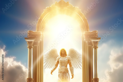 A shining angel in the sky at the entrance to the kingdom of heaven in bright light