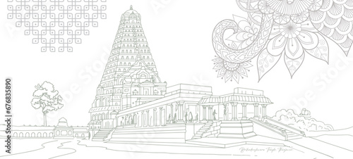 Temple of Tanjore is by far the grandest Chola temple in India vector illustration hand drawing South India