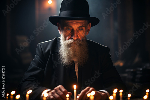 old jewish rabbi with long beard and hat in a synagogue by candlelight