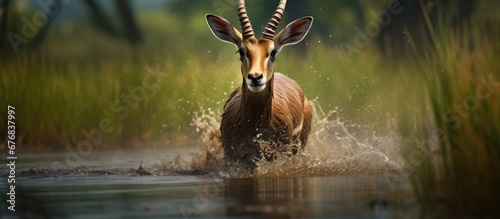 In Africa an adult antelope a herbivore and ungulate mammal is captured running gracefully through a swamp on a wildlife photo showcasing the beautiful outdoors and the animal s connection 