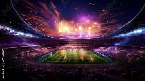 a soccer stadium with fireworks and people watching