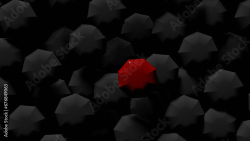 A red umbrella (top view) among crowd gray umbrella in a street (3D Rendering)