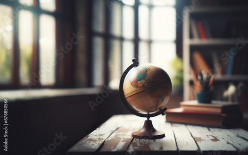 A replica of the globe sits on a table in the library with many books on the back