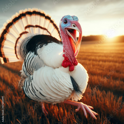 photo of a turkey running with sunny face. ai generative