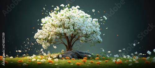 In the isolated background of nature a beautiful white floral tree stands adorned with vibrant green leaves showcasing the mesmerizing beauty of spring in the garden while the colorful flowe