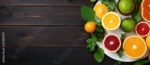 In the background a white plate sits on an isolated table adorned with a healthy organic mix of green leafy vegetables ripe fruits like oranges lemons and limes forming a beautiful circle sh