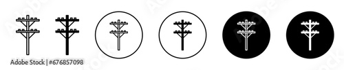 power pole icon set. electricity electric tower vector symbol. electrical powerline sign in black filled and outlined style.