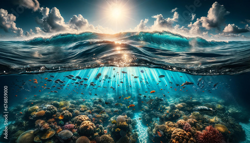 An ocean with an underwater section. Underwater world - fish, reefs algae, etc
