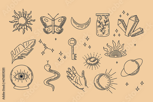 Set of vector linear mystical elements. Linear contour mystery drawings. Doodle collection in flat outline style. good for stickers, pattern, background