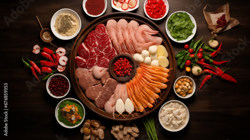 Top View of Sichuan Spicy Hot Pot Surrounded by Raw Ingredients