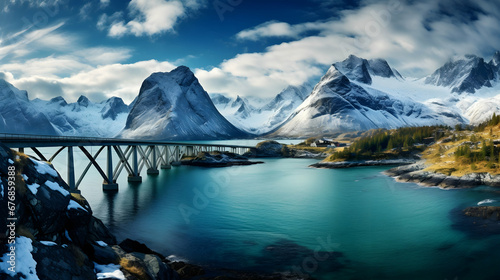 Fredvang bridges panorama. lofoten islands is an archipelago in the county of nordland,Generative Ai.