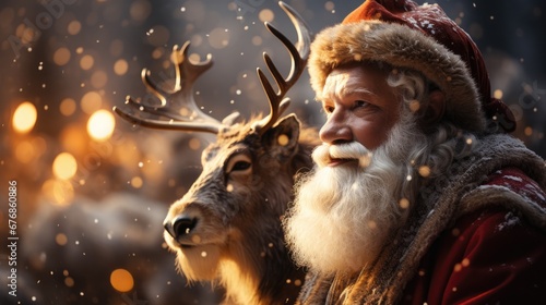 Santa Claus sitting on Christmas sleigh with reindeer