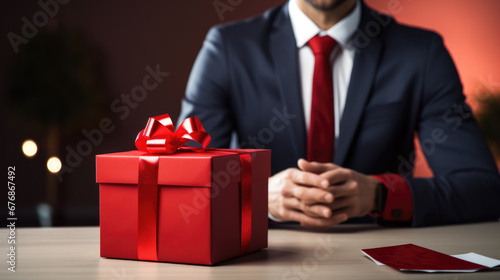 A man in a business suit presenting a red gift box with a ribbon on it, placed on a desk in a modern office setting during the New Year's Eve party at work.
