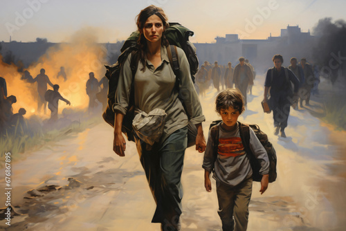 Painting style of war refugees march leaving their homeland.