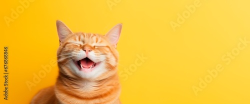 a funny happy cat is laughing isolated on yellow background, horizontal banner, copy space for text