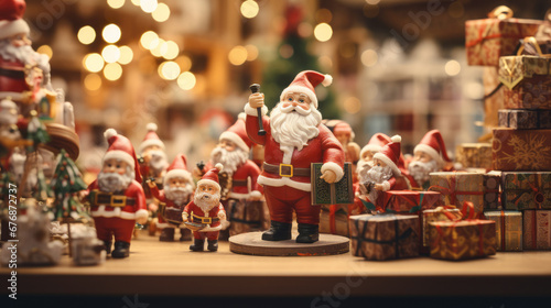 A miniature figurine of a cute Santa Claus on a blurry festive Christmas scene with many Santa Clauses, gift boxes and Christmas trees. Festive New Year card