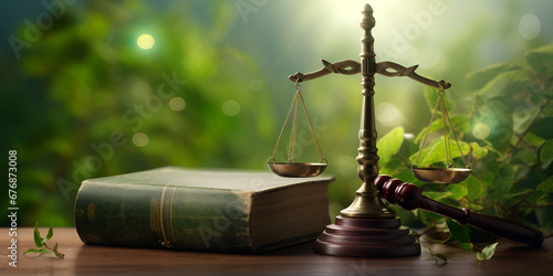 International Law and Environment Law. Green World and gavel with scales of justice and books. law for global economic regulation aligned with the principles of sustainable environmental conservation 