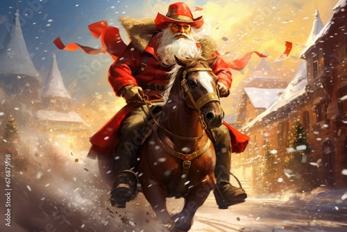 Cowboy Santa Clause on a running horse. Nostalgic illustration.