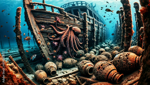  An image of a Byzantine-era merchant shipwreck, its timbers spread across the ocean floor. Amphorae that once carried wine and olive oil are now homes to octopuses and crustaceans. 