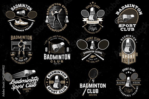 Set of badminton sport badge, patch, emblem, logo. Vector illustration. Vintage badminton label with racket, player and shuttlecock silhouettes. Concept for shirt or logo, print, stamp or tee
