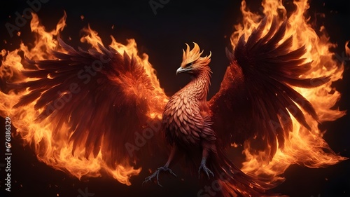 flames on black A flaming phoenix with a black backdrop, symbolizes rebirth and immortality 