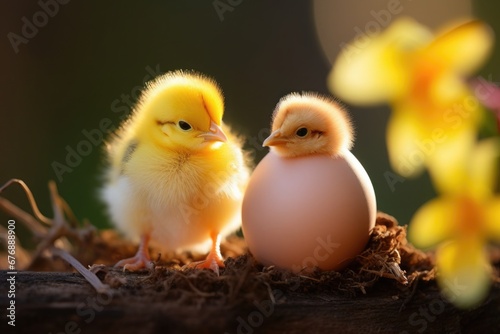 A yellow chicken looks at a new-born chick hatching from an egg