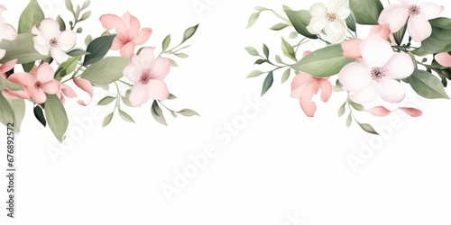 Watercolor floral border wreath with green leaves, pink peach blush white flowers branches, for wedding invitations, greetings, wallpapers, fashion, prints. Eucalyptus, olive, rose, Generative AI