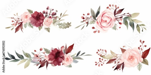 Watercolor floral wreath border bouquet frame collection set green leaves burgundy maroon scarlet pink peach blush white flowers leaf branches. Wedding invitations stationery fashion, Generative AI