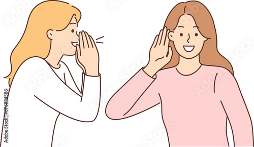 Woman screams to tell interesting news to female friend, puts hand to ear during conversation