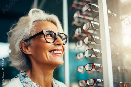 Attractive mature woman with natural gray hair chooses and tries on glasses in an ophthalmology store