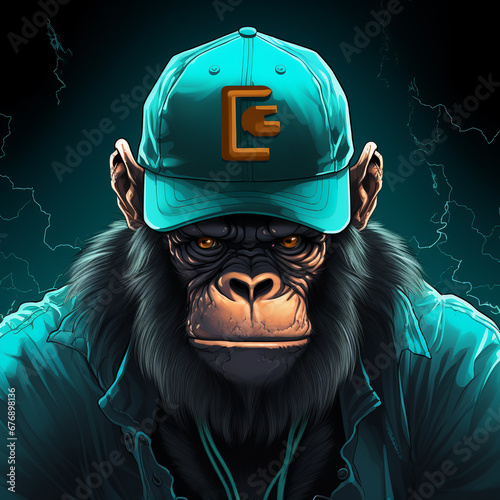 Image of a brutal gorilla wearing a cap in turquoise and amber, hip-hop influenced, glowing portraits, avatar, logo, punk, bold characters inspired by manga.