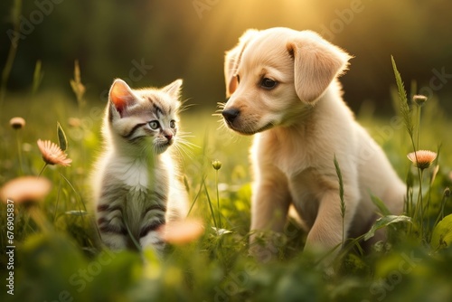 a cute puppy and kitten in a field, Generative AI