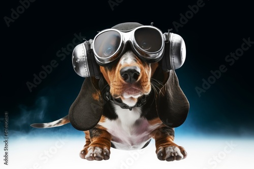 a basset hound with his ears flying away wearing goggles isolate, Generative AI