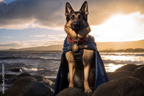 a german shepherd dressed as a cuper hero at a ocean, Generative AI